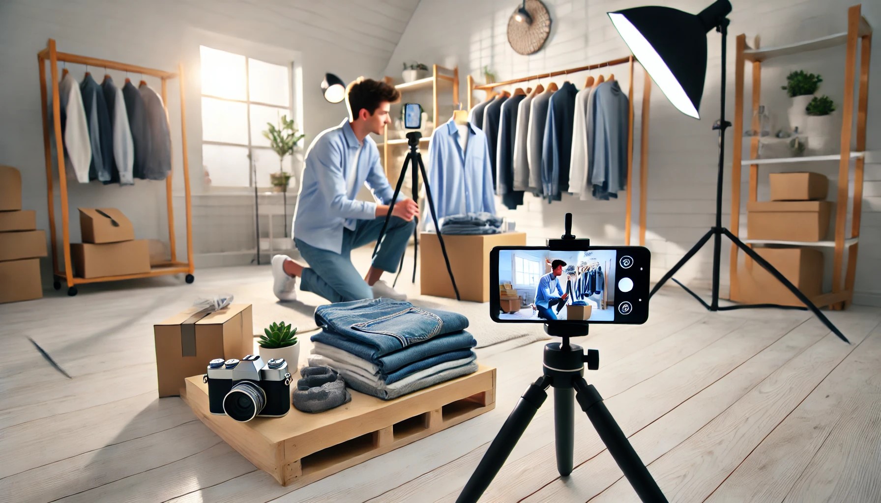 Pengusaha UMKM live streaming produk fashion di studio sederhana, meningkatkan penjualan dengan PahamSEO.