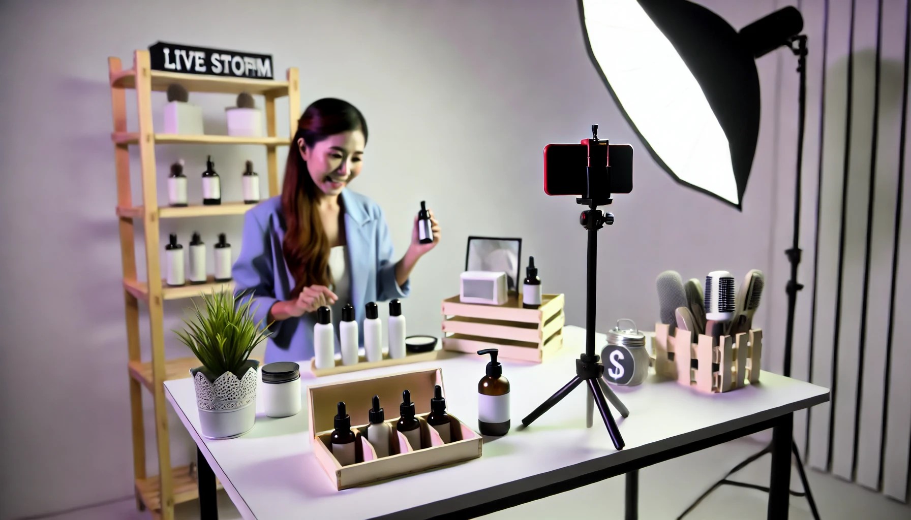 Pengusaha UMKM live streaming produk di studio sederhana, meningkatkan omset dengan interaksi langsung.