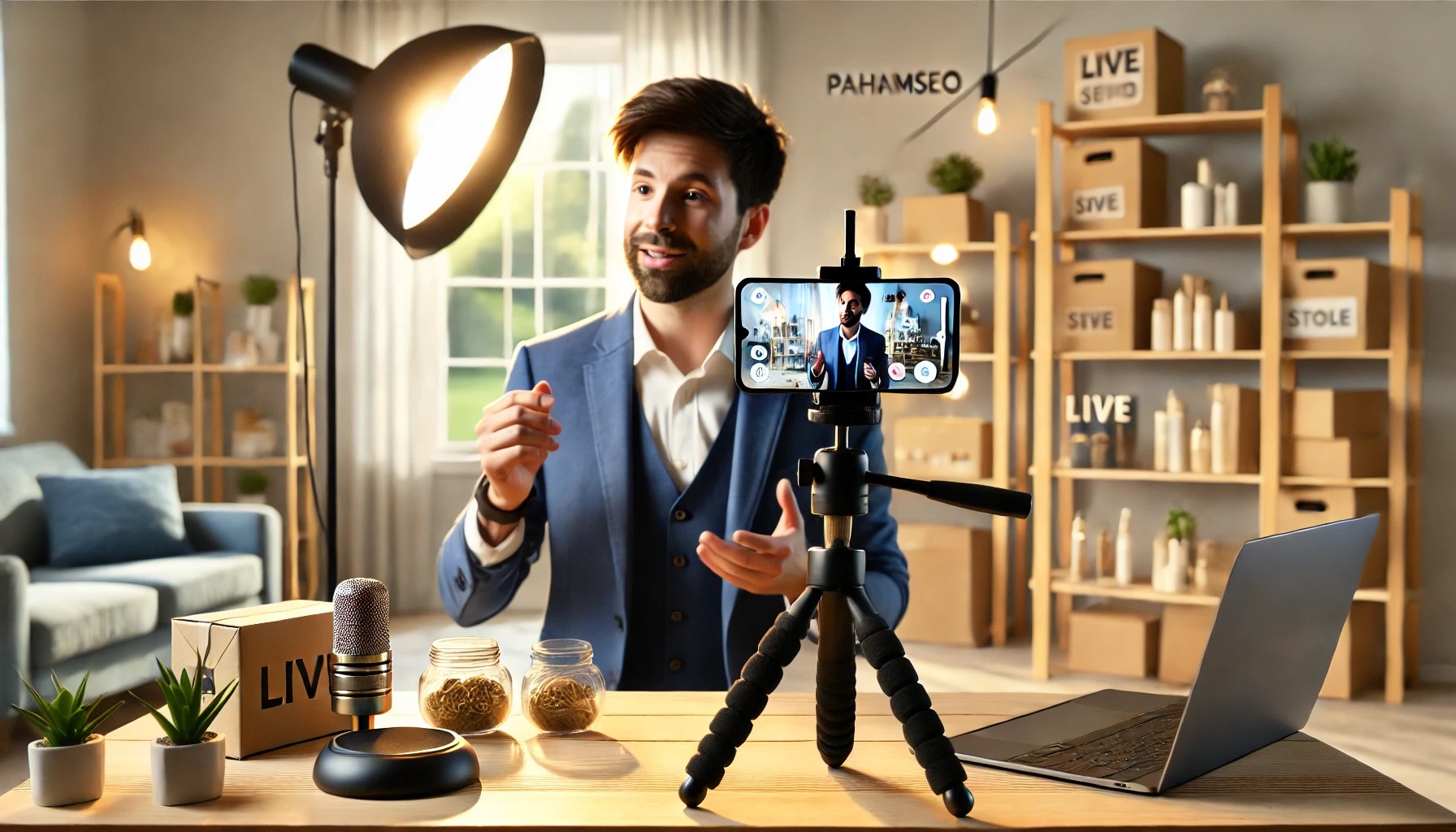 Pengusaha UMKM memulai live streaming produk dengan peralatan sederhana, memanfaatkan teknik PahamSEO.